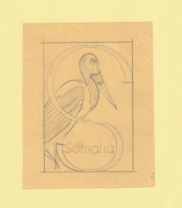 Somalia 1959 Water Birds Original artwork rough essay on tracing paper showing bird in 'S' emblem image size 70 x 100 mm as SG 334-339 series (96043)
