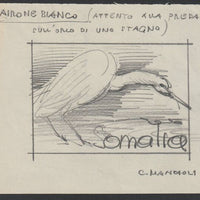 Somalia 1959 Water Birds - White Heron Original artwork on white paper by Corrado Mancioli image size 92 x 65 mm