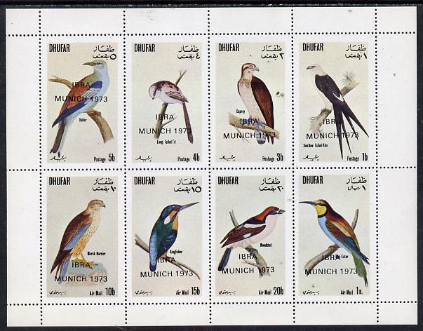 Dhufar 1972 Birds #2 (Kingfisher, Osprey, Harrier, Tit etc) perf,set of 8 values (1b to 1R) opt'd IBRA Munich 1973 unmounted mint