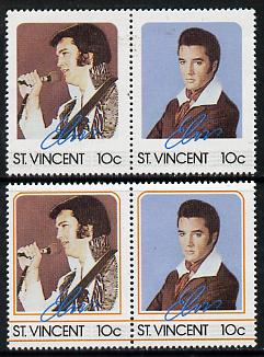 St Vincent 1985 Elvis Presley (Leaders of the World) 10c se-tenant reprint proof pair with orange (frame) omitted plus normal pair unmounted mint, as SG 919a