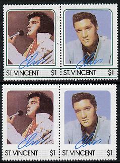 St Vincent 1985 Elvis Presley (Leaders of the World) $1 se-tenant reprint proof pair with blue-green (frame) omitted plus normal pair unmounted mint, as SG 923a