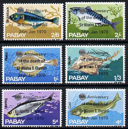 Pabay 1970 Fish perf set of 6 each with silver dot obliterating '6th' then opt'd '5th Anniversary of Death of Sir Winston Churchill' unmounted mint