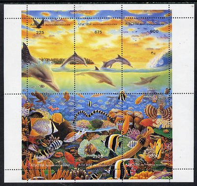 Abkhazia 1996 Marine Life (Dolphins, Fish, Coral etc) perf set of 6 in composite sheet