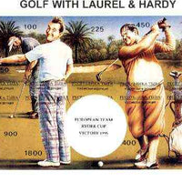 Touva 1995 Golf with Laurel & Hardy composite sheet containing complete imperf set of 10 overprinted with large white golf ball and 'European Team Ryder Cup Victory 1995' in black unmounted mint