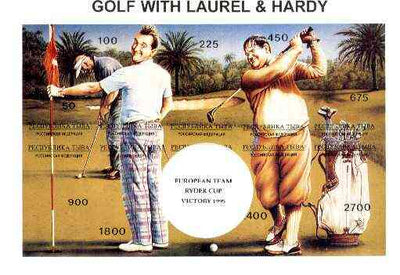 Touva 1995 Golf with Laurel & Hardy composite sheet containing complete imperf set of 10 overprinted with large white golf ball and 'European Team Ryder Cup Victory 1995' in black unmounted mint