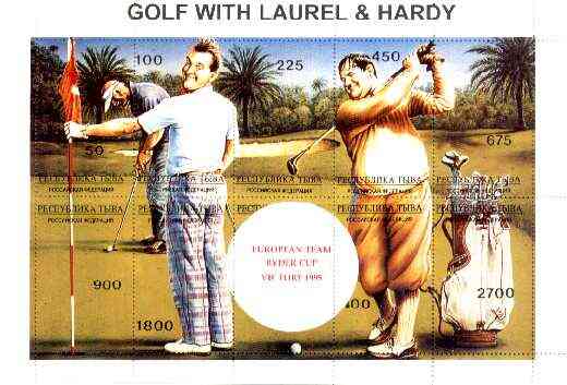 Touva 1995 Golf with Laurel & Hardy composite sheet containing complete perf set of 10 overprinted with large white golf ball and 'European Team Ryder Cup Victory 1995' in red unmounted mint