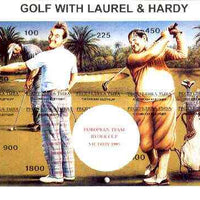 Touva 1995 Golf with Laurel & Hardy composite sheet containing complete imperf set of 10 overprinted with large white golf ball and 'European Team Ryder Cup Victory 1995' in red unmounted mint