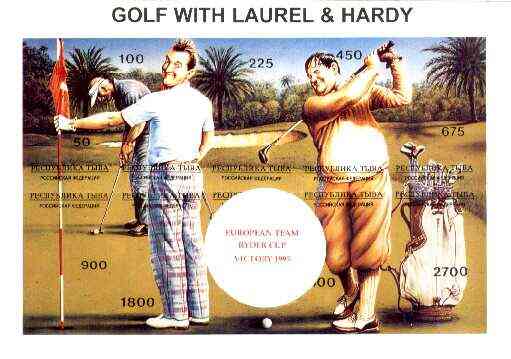 Touva 1995 Golf with Laurel & Hardy composite sheet containing complete imperf set of 10 overprinted with large white golf ball and 'European Team Ryder Cup Victory 1995' in red unmounted mint