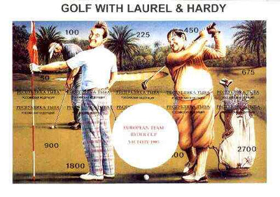 Touva 1995 Golf with Laurel & Hardy composite sheet containing complete imperf set of 10 overprinted with large white golf ball and 'European Team Ryder Cup Victory 1995' in red unmounted mint