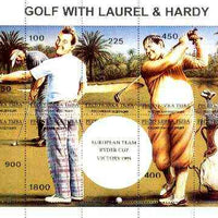 Touva 1995 Golf with Laurel & Hardy composite sheet containing complete perf set of 10 overprinted with large white golf ball and 'European Team Ryder Cup Victory 1995' in gold unmounted mint
