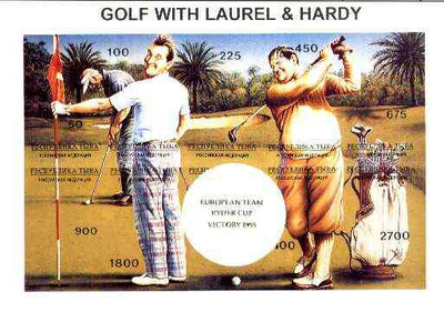 Touva 1995 Golf with Laurel & Hardy composite sheet containing complete imperf set of 10 overprinted with large white golf ball and 'European Team Ryder Cup Victory 1995' in gold unmounted mint
