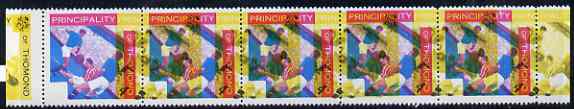 Thomond 1960 Football 4d (Diamond shaped) strip of 5 showing black & yellow misplaced by a massive 22mm, a spectacular variety,unmounted mint