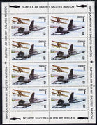 Staffa 1977 Curtuss JN-4 & F111 sheetlet containing 8 x 13p values with 'Suffolk Air Fair 1977 Salutes Aviation' in margins unmounted mint