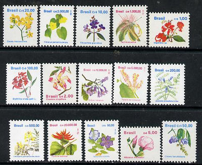Brazil 1990 Flowers complete definitive set of 15 values, SG 2413-24e unmounted mint*