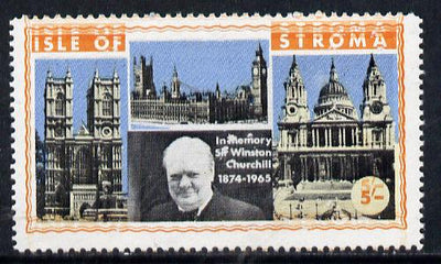 Stroma 1968 Churchill 5s with orange (frame, name & value) doubled (slight set-off on gummed side)