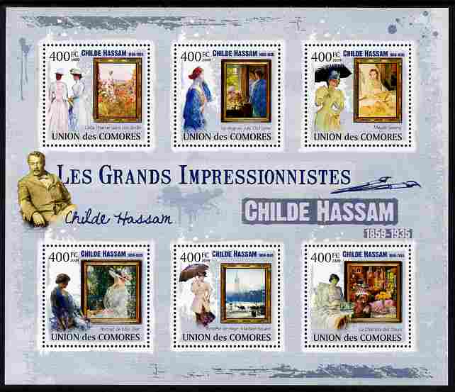 Comoro Islands 2009 Impressionists - Childe Hassam perf sheetlet containing 6 values unmounted mint Michel 2489-94