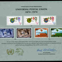 Cinderella - United Nations 1974 Centenary of the UPU publicity card featuring illustrations of 7 UN stamps