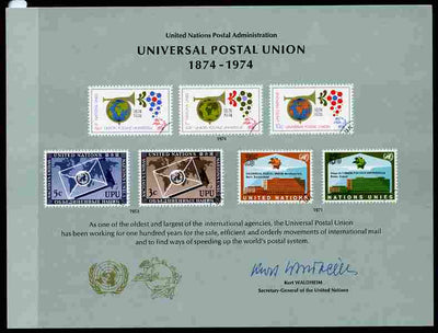 Cinderella - United Nations 1974 Centenary of the UPU publicity card featuring illustrations of 7 UN stamps