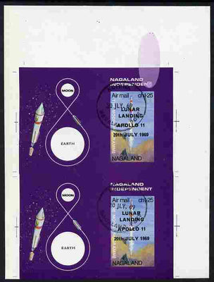 Nagaland 1969 The Moon programme 1ch25 m/sheet opt'd 'Lunar Landing Apollo 11' imperf uncut proof pair with large ink spill in top margin unmounted mint