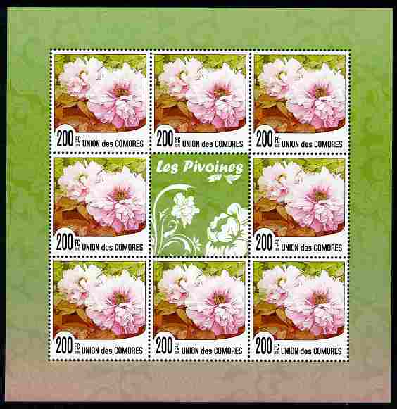 Comoro Islands 2009 Flowers of China - Peonies perf sheetlet containing 8 values unmounted mint Michael 2620