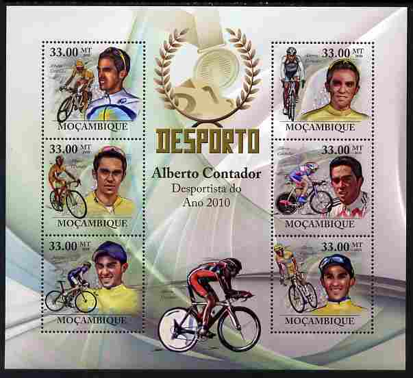 Mozambique 2010 Sport - Cycling (Alberto Contador) large perf sheetlet containing 6 values unmounted mint, Scott #2012