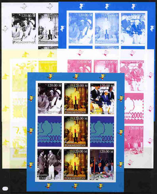 Turkmenistan 2000 Bangkok Stamp Exhibition sheetlet containing 7 values and 2 labels - the set of 5 imperf progressive proofs comprising the 4 individual colours plus all 4-colour composite, unmounted mint