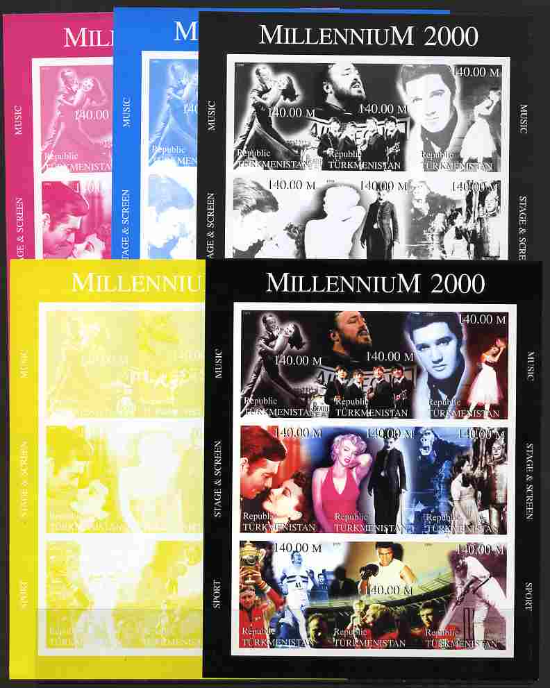 Turkmenistan 1999 Millennium Personalities (Films & Sport) sheetlet containing set of 9 values (Fred & Ginger, Pavarotti, Elvis, Beatles, Marilyn, Chaplin, Ali, W C Grace, etc) - the set of 5 imperf progressive proofs comprising 4……Details Below