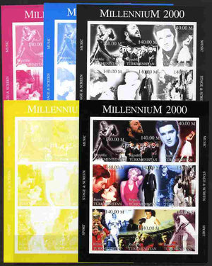 Turkmenistan 1999 Millennium Personalities (Films & Sport) sheetlet containing set of 9 values (Fred & Ginger, Pavarotti, Elvis, Beatles, Marilyn, Chaplin, Ali, W C Grace, etc) - the set of 5 imperf progressive proofs comprising 4……Details Below