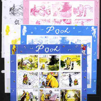 Tadjikistan 1999 Winnie the Pooh sheetlet containing 9 values - the set of 5 imperf progressive proofs comprising the 4 individual colours plus all 4-colour perf composite, unmounted mint