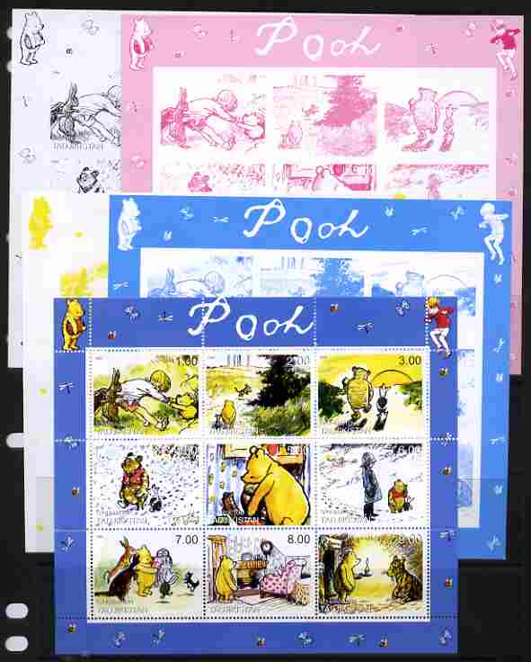 Tadjikistan 1999 Winnie the Pooh sheetlet containing 9 values - the set of 5 imperf progressive proofs comprising the 4 individual colours plus all 4-colour perf composite, unmounted mint