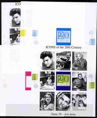 Turkmenistan 1999 Icons of the 20th Century #1 sheetlet containing set of 8 values (Elvis, Einstein, Ali, Beatles etc) - the set of 5 imperf progressive proofs comprising 4 individual colours plus all 4-colour composite, unmounted mint