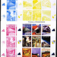 Kyrgyzstan 1999 Century of Railways sheetlet containing 9 values - the set of 4 imperf progressive proofs comprising 3 individual colours plus all 4-colour composite, unmounted mint