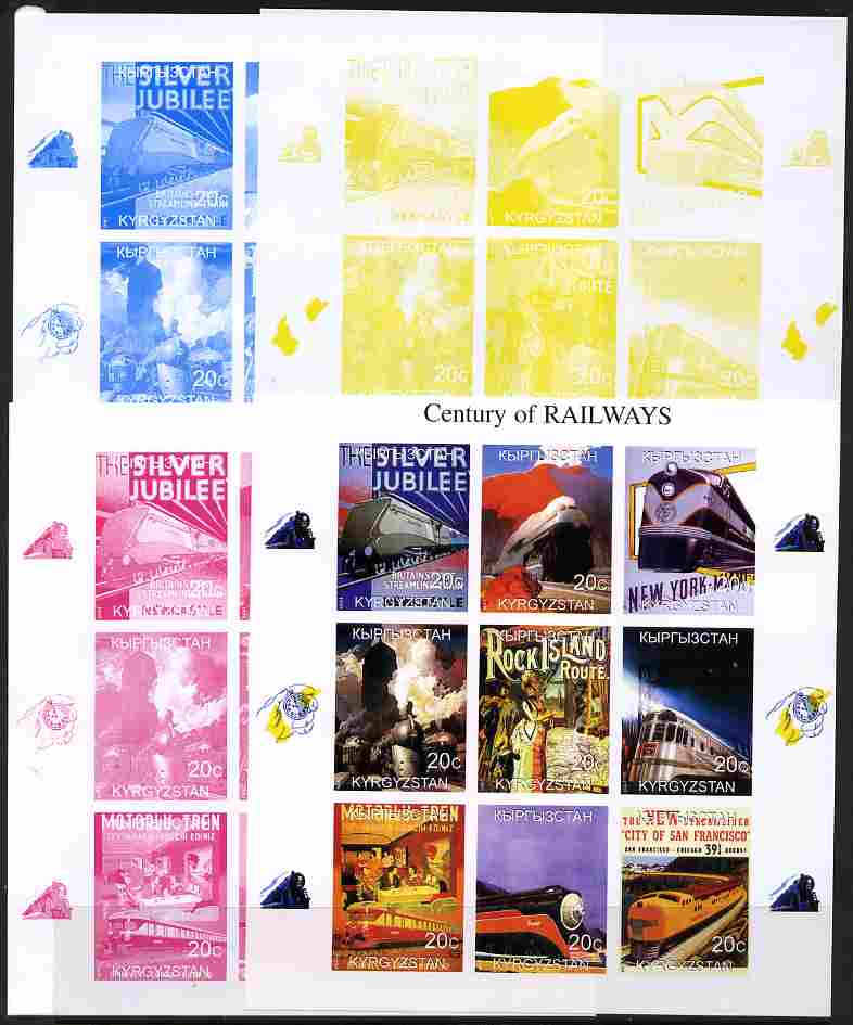 Kyrgyzstan 1999 Century of Railways sheetlet containing 9 values - the set of 4 imperf progressive proofs comprising 3 individual colours plus all 4-colour composite, unmounted mint
