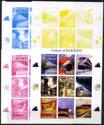 Kyrgyzstan 1999 Century of Railways sheetlet containing 9 values - the set of 4 imperf progressive proofs comprising 3 individual colours plus all 4-colour composite, unmounted mint