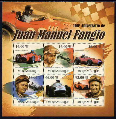 Mozambique 2011 Birth Centenary of Juan Manuel Fangio perf sheetlet containing 6 values unmounted mint Michel 4577-82