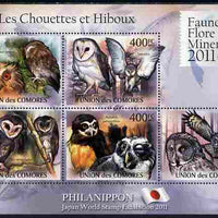 Comoro Islands 2011 Owls #2 perf sheetlet containing 5 values unmounted mint
