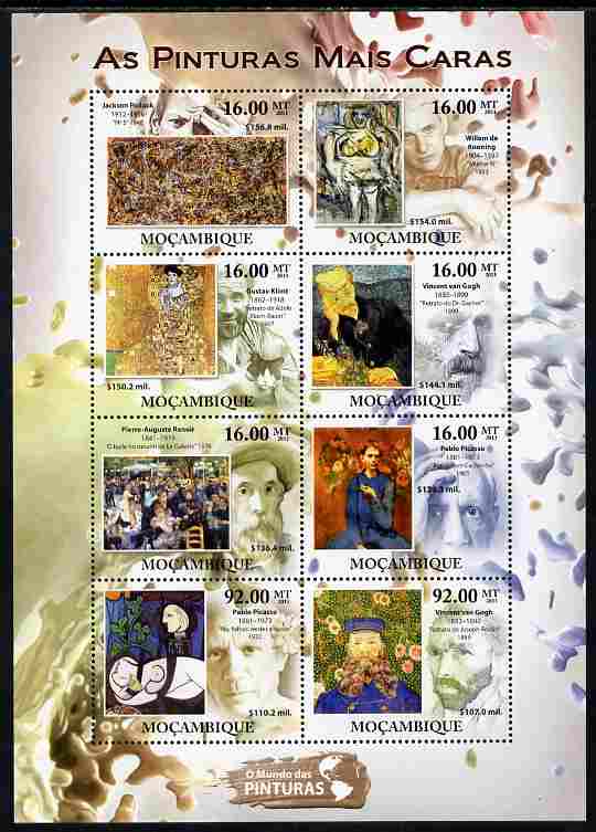 Mozambique 2011 Most Expensive Paintings perf sheetlet containing 8 values unmounted mint