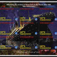 Turkmenistan 1997 85th Anniversary of Sinking of RMS Titanic perf composite sheetlet containing 9 values unmounted mint. Note this item is privately produced and is offered purely on its thematic appeal, it has no postal validity