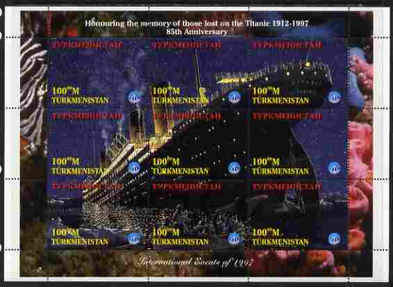 Turkmenistan 1997 85th Anniversary of Sinking of RMS Titanic perf composite sheetlet containing 9 values unmounted mint. Note this item is privately produced and is offered purely on its thematic appeal, it has no postal validity