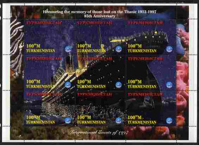 Turkmenistan 1997 85th Anniversary of Sinking of RMS Titanic perf composite sheetlet containing 9 values unmounted mint. Note this item is privately produced and is offered purely on its thematic appeal, it has no postal validity