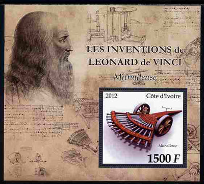 Ivory Coast 2012 Inventions of Leonardo da Vinci #3 Machine Gun large perf s/sheet unmounted mint