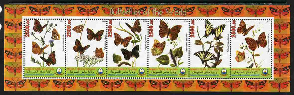 Maakhir State of Somalia 2011 Butterflies of the World #1 perf sheetlet containing 6 values unmounted mint. Note this item is privately produced and is offered purely on its thematic appeal