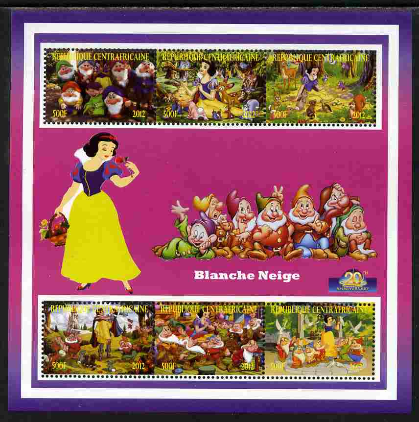 Central African Republic 2012 Snow White - 20th Anniversary of Disneyland Paris perf sheetlet containing 6 values unmounted mint. Note this item is privately produced and is offered purely on its thematic appeal