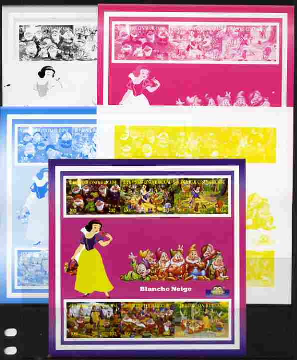 Central African Republic 2012 Snow White - 20th Anniversary of Disneyland Paris sheetlet containing 6 values - the set of 5 imperf progressive proofs comprising the 4 individual colours plus all 4-colour composite, unmounted mint