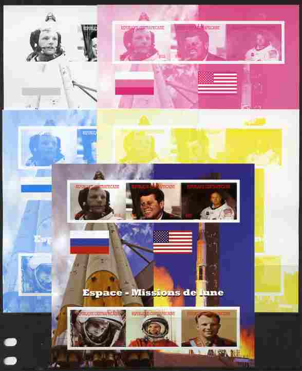 Central African Republic 2012 Mission to the Moon sheetlet containing 6 values - the set of 5 imperf progressive proofs comprising the 4 individual colours plus all 4-colour composite, unmounted mint