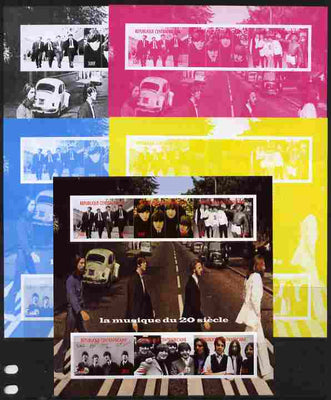 Central African Republic 2012 Music of the 20th Century - The Beatles sheetlet containing 6 values - the set of 5 imperf progressive proofs comprising the 4 individual colours plus all 4-colour composite, unmounted mint