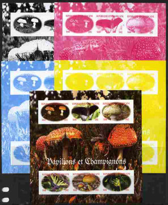 Central African Republic 2012 Mushrooms & Butterflies sheetlet containing 6 values - the set of 5 imperf progressive proofs comprising the 4 individual colours plus all 4-colour composite, unmounted mint
