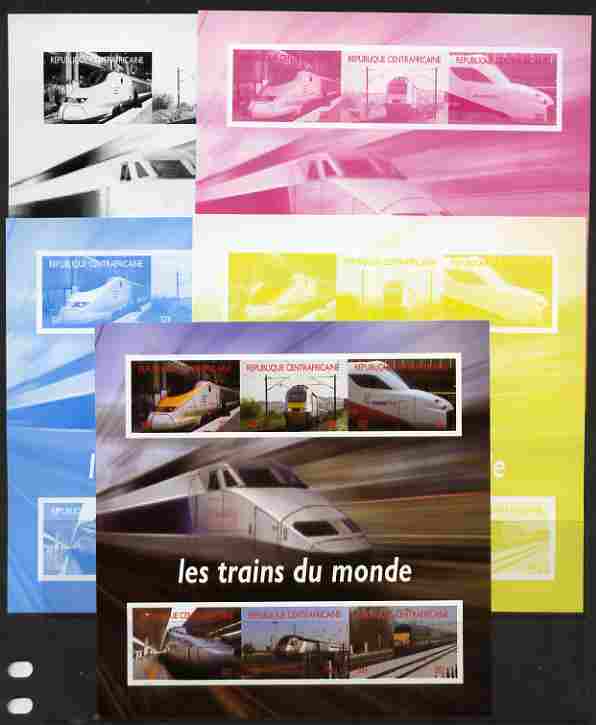 Central African Republic 2012 Trains of the World #1 sheetlet containing 6 values - the set of 5 imperf progressive proofs comprising the 4 individual colours plus all 4-colour composite, unmounted mint