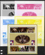 Central African Republic 2012 Owls of the World with Scouts Logo sheetlet containing 6 values - the set of 5 imperf progressive proofs comprising the 4 individual colours plus all 4-colour composite, unmounted mint