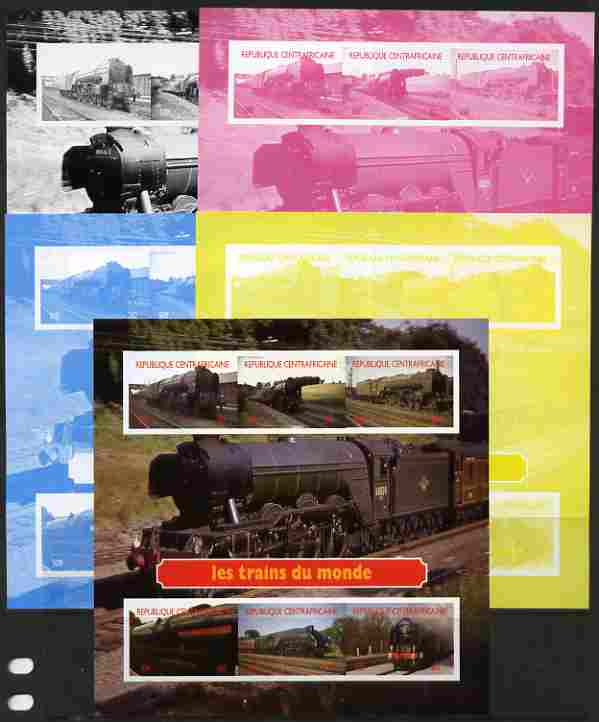 Central African Republic 2012 Trains of the World #2 sheetlet containing 6 values - the set of 5 imperf progressive proofs comprising the 4 individual colours plus all 4-colour composite, unmounted mint